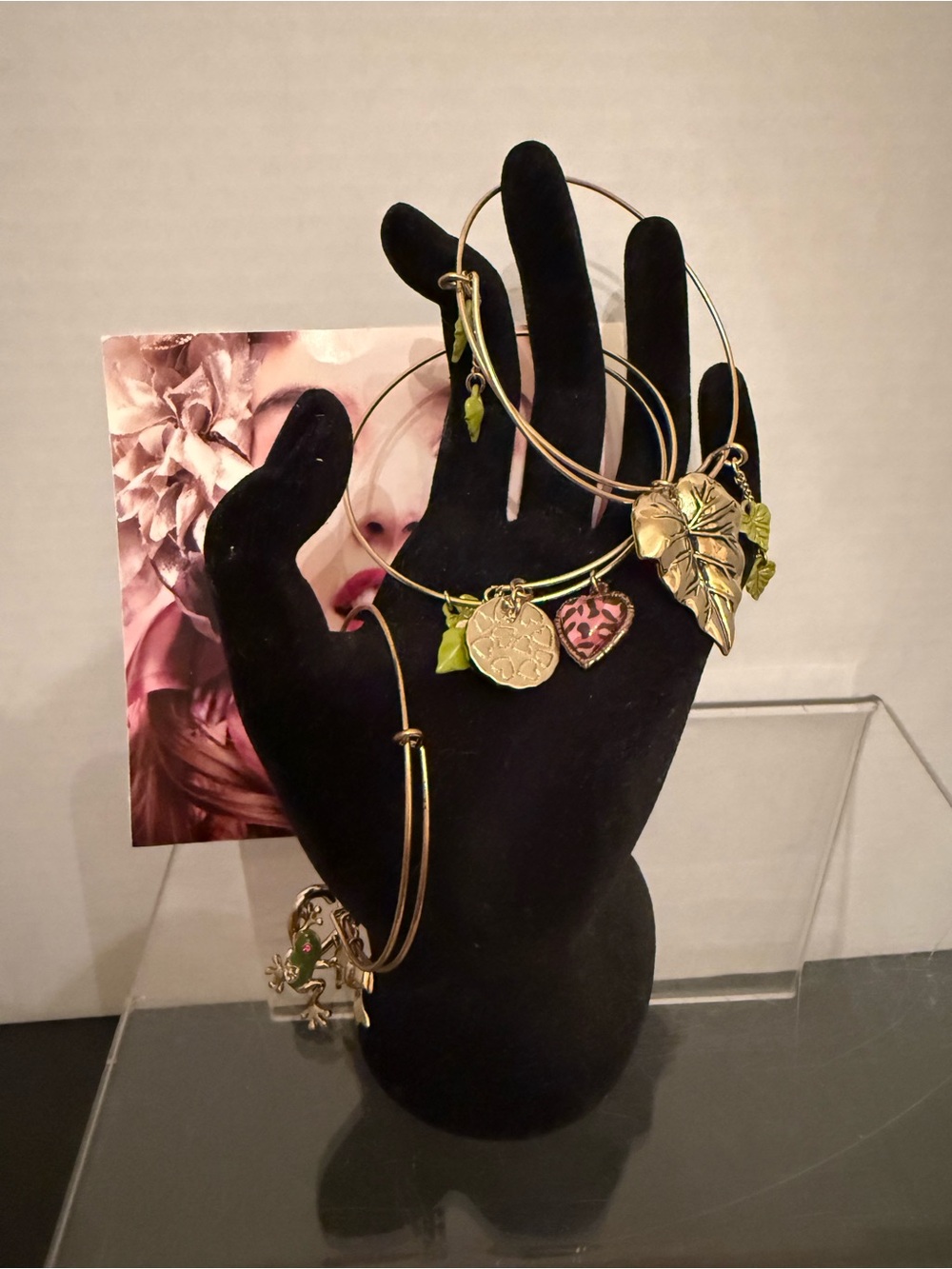 Betsey Johnson Gold-Tone Leaf & Charm Bangle Bracelet Set with Green Accents